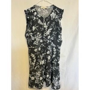 LOFT Women White Gray Floral Ruffle Sleeve Button Front Fit Flare Dress Size 16